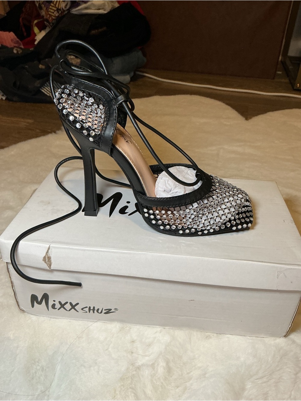 Mixx Shuz Black Crystal Lace-Up Stiletto Pumps - Picture 2 of 7